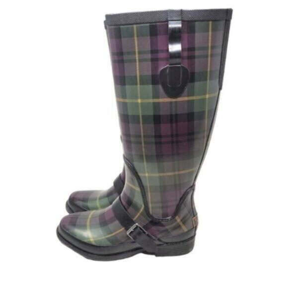 L.L. Bean | Womens Wellies Rain Boots Plaid Purple Green - Picture 5 of 14